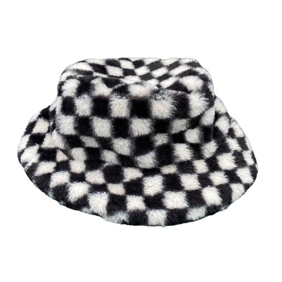 Urban Outfitters Y2K Checkerboard Faux Fur Bucket Hat Grunge Streetwear Celeb